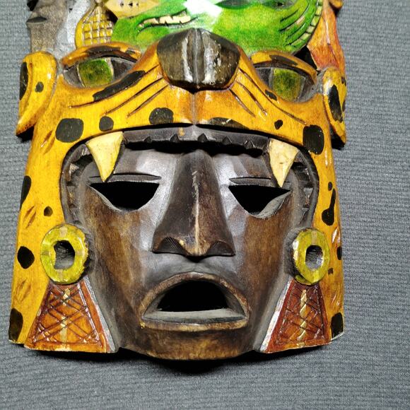 Mexican Folk Art Hand Carved Wooden Mayan Mask - Picture 6 of 9